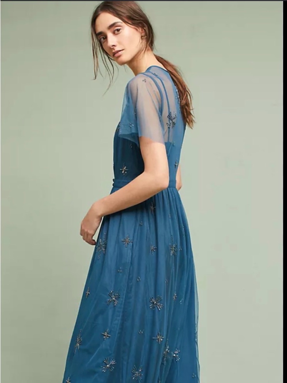 Embellished Blue V-Neck Midi Dress - Picture 9 of 17